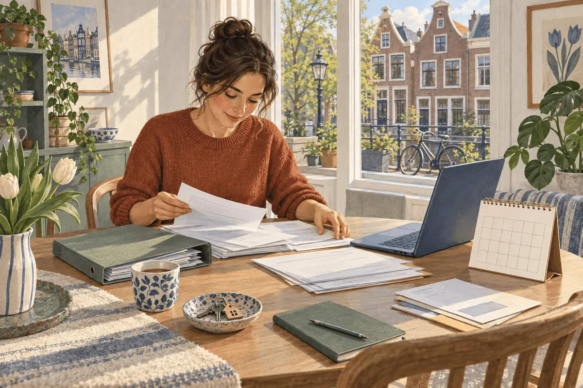A homeowner sorts mortgage documents beside a laptop, a calendar and house keys in a Dutch apartment.