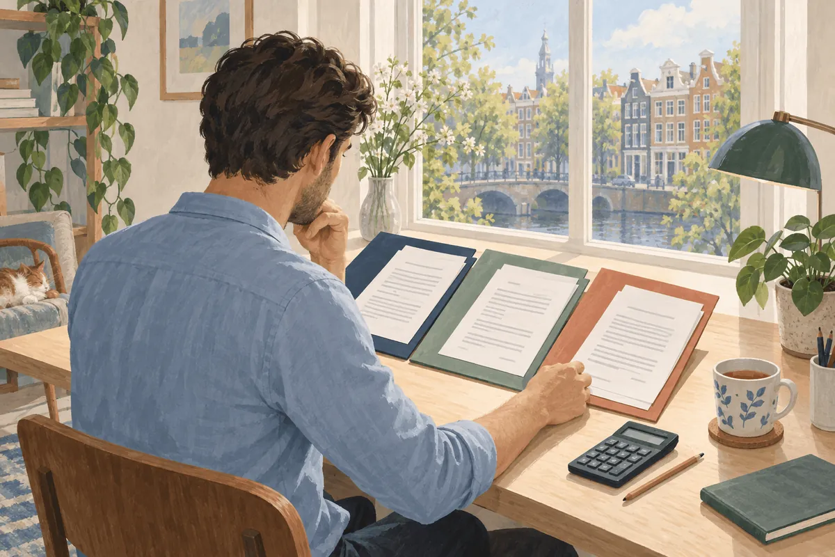 A person compares paperwork in three folders at a desk beside a window.