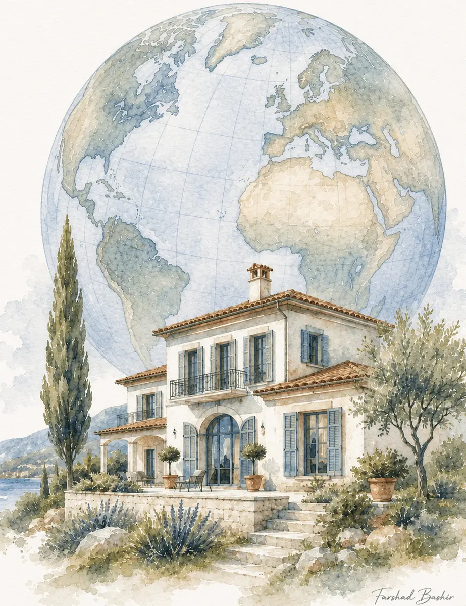 Watercolor illustration of a foreign property with a globe in the background
