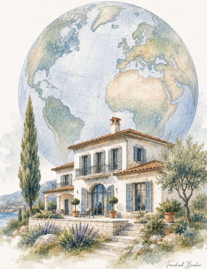 Watercolor illustration of a foreign property with a globe in the background