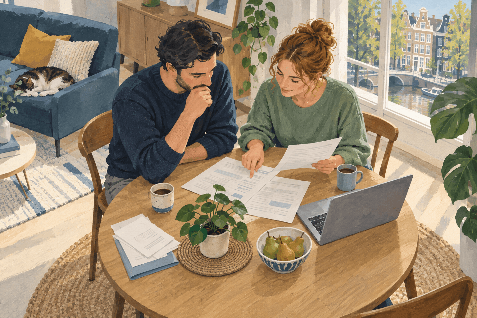 Two partners review paperwork at a round table beside a laptop and a plant.